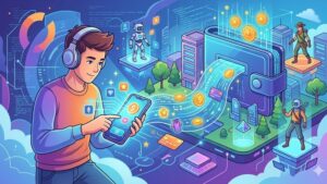 Современная иллюстрация электронного кошелька и игровых элементов для статьи об интеграции платежей в играх