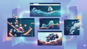Современная иллюстрация с абстрактными физическими объектами для статьи о лучших браузерных движках 2026 года