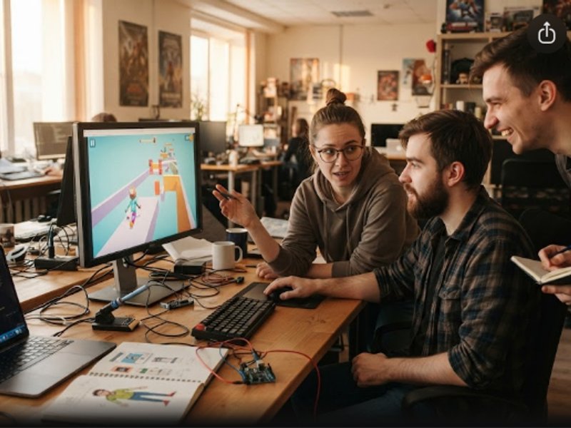 Команда разработчиков обсуждает создание физических браузерных игр в современном офисе с теплым освещением
