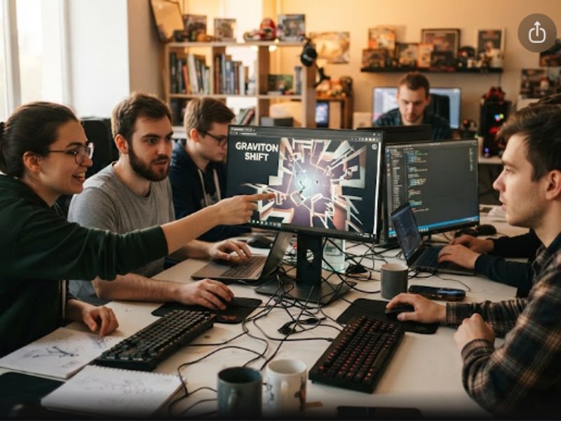 Команда разработчиков обсуждает проект физических браузерных игр в современном офисе при теплом освещении